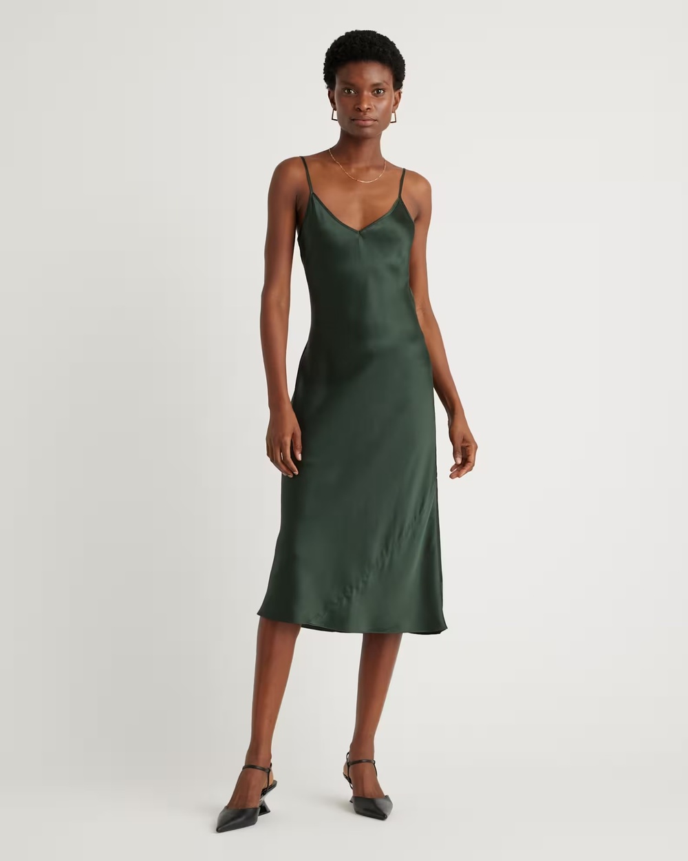Quince Washable Silk Slip Dress Forest Green XS Womens